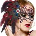 Zinniday Halloween Masquerade Masks for Women - 2026 Peacock Feather Lace Mask 1920s Venetian Eyemask for Party (Black Red)