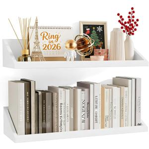 SRIWATANA Floating Shelves Large Set of 2, 24 Inch Wide Wall Shelves Wood Shelves Wall Mounted for Decor in Bedroom, Living Room, Bathroom, Kitchen, and Office (White)