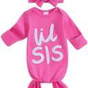 Merqwadd Lil Bro/Sis Newbron Boy Girl Gown Knotted Romper Infant Coming Home From Hospital Outfit (0-3 Months, Party Pink)