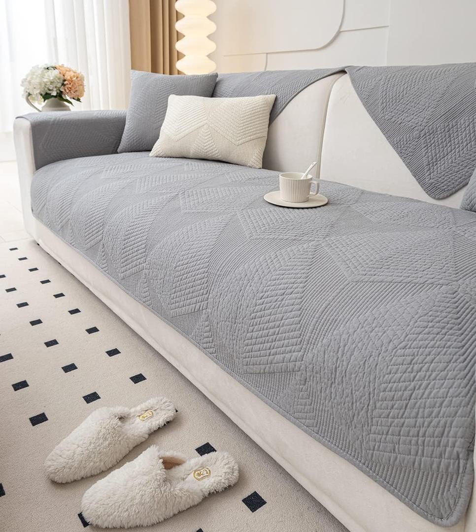 vctops Farmhouse Solid Color Embroidery Sofa Couch Cover Cotton Quilted Sectional Couch Covers Washable Non Slip Sofa Slipcover for Dogs, Children, Pets Furniture Protector (Grey,28"x82")