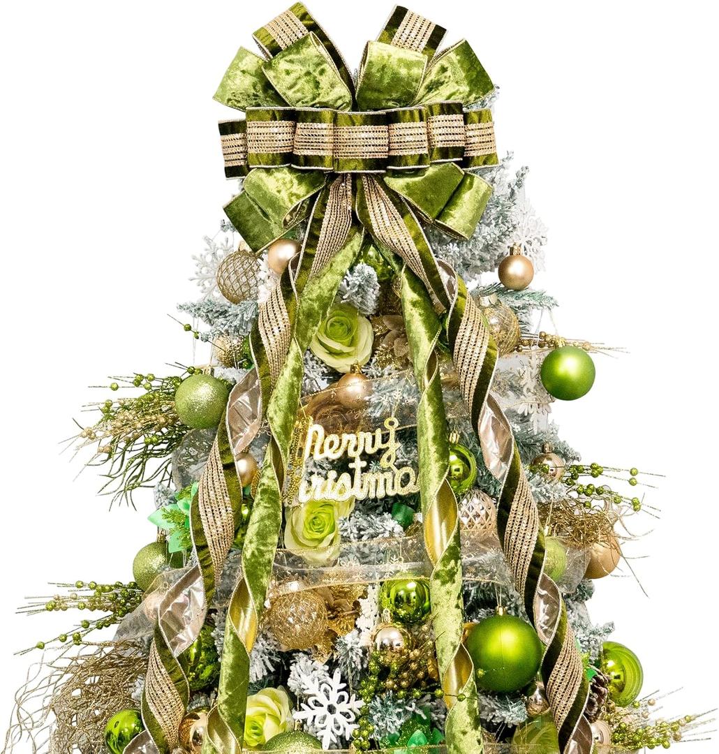 Christmas Tree Topper Bow53 x 13 Inches Velvet Large Christmas Bow Decor with Long Glittering Streamer LineXmas Decorations for Tree Wreath Door Festival Home(Olive Green & Gold Line)