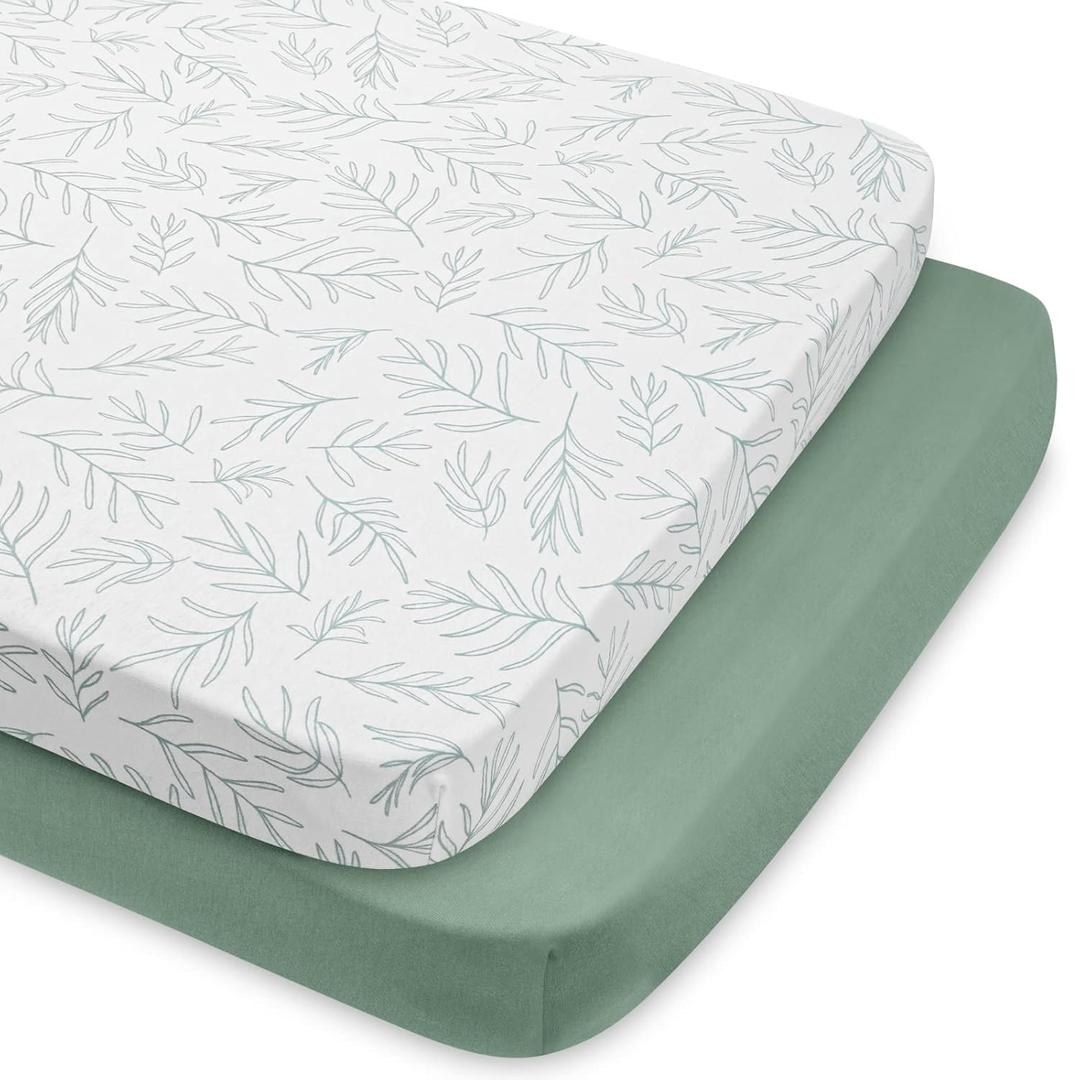 Babebay 2-Pack Mini Crib Sheets, Pack and Play Sheets Fitted for Pack N Play Mattress and Playard, Soft Jersey Knit Cotton for Baby (Sage Green) (Pack N Play Sheets 2 Pack)