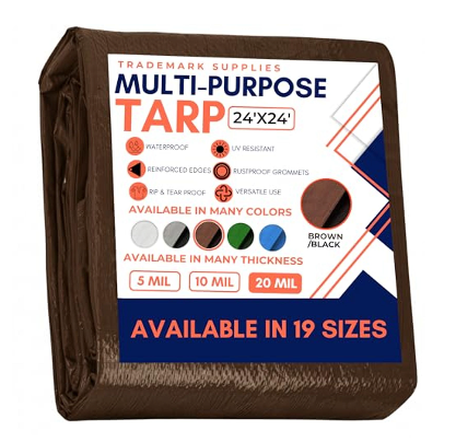Tarp Cover Brown/Black Heavy Duty 20 Mill Thick Material, Waterproof, 24'X'24,Great for Tarpaulin Canopy Tent, Boat, RV Or Pool Cover (Poly Tarp 24X24, Ultra Thick)