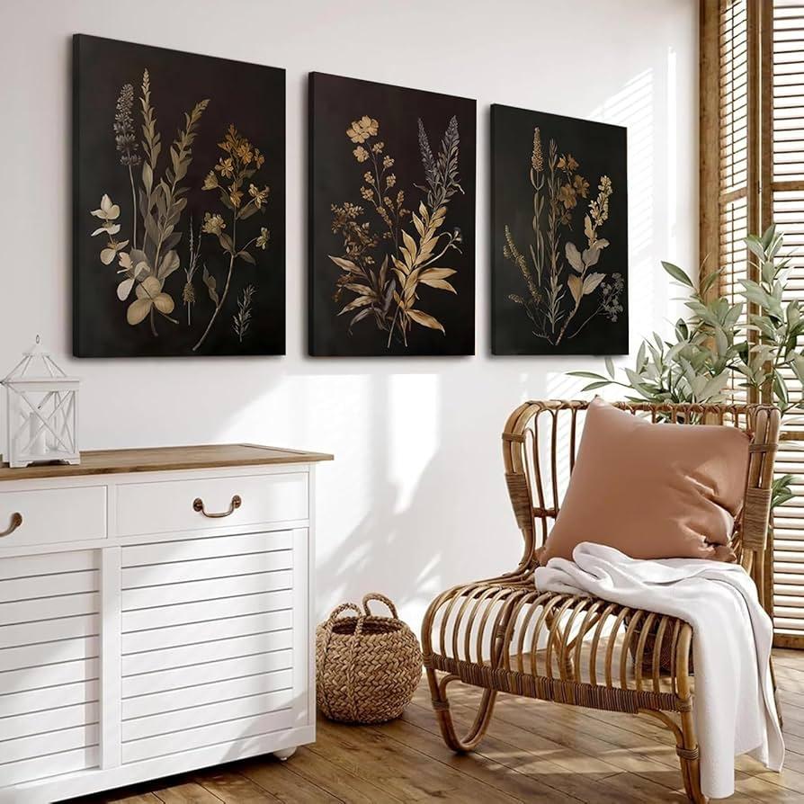 Black Botanical Canvas Wall Art Set of 3 Vintage Floral Art Moody Flower Wall Decor Dark Academia Poster Painting Prints Pictures for Bedroom Living Room 16x24 Inch Framed