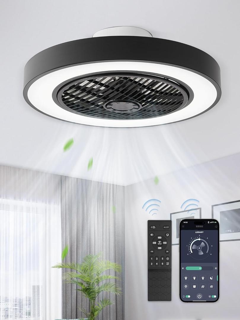LEDIARY 20 Inch Low Profile Ceiling Fans With Lights, Led Bladeless Ceiling Fan, Remote Control Enclosed Flush Mount Ceiling Fan With Timming, 3000-6000K, 6 Wind Speed, 3000LM, 57W-Black