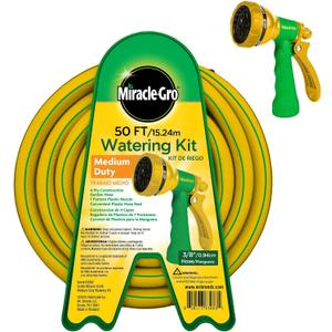 Miracle-Gro 50 ft. Garden Hose Watering Kit 3/8 in. Watering Hose with Adjustable Nozzle and Included Plastic Hose Reel Ideal for Patios, Small Outdoor Spaces, Lawn and Garden Use