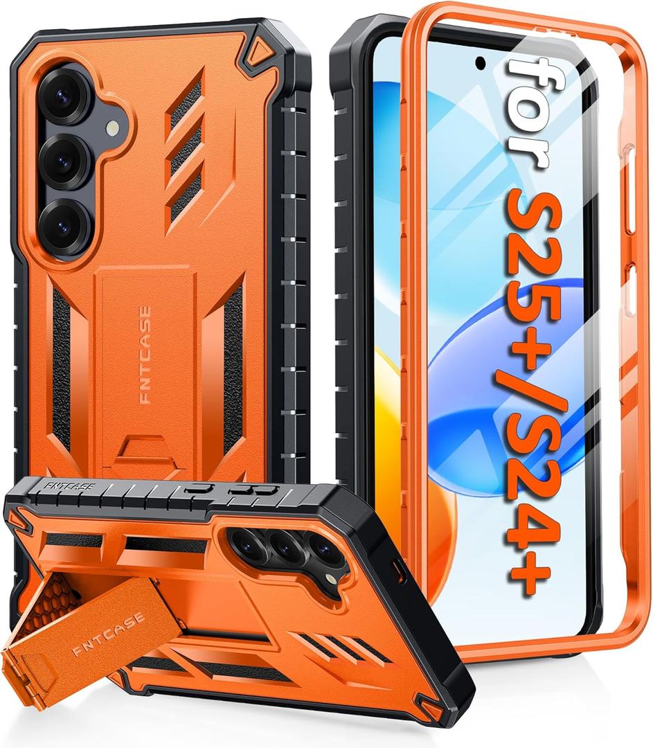 FNTCASE for Samsung Galaxy S25-Plus Case: for Galaxy S24-Plus Case with [Built-in Screen Protector & Kickstand] [Military-Grade Drop Protection] Heavy Duty Protective Full Body Shockproof TPU Orange
