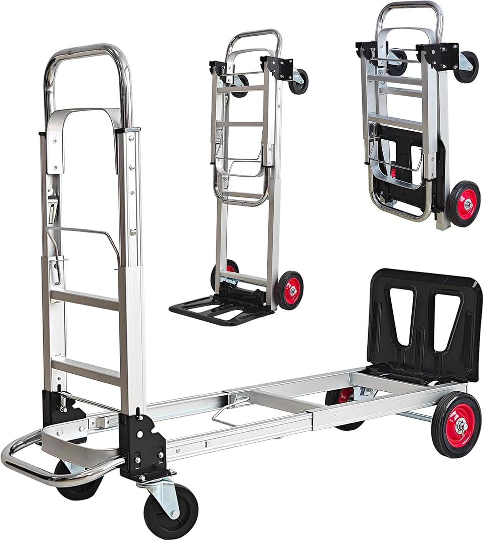 3-in-1 Aluminum Folding Hand Truck Dolly, 330 lbs Heavy Duty Convertible Cart with Retractable Handle, 4 Universal Rubber Wheels Perfect for Home, Office, Warehouse & Supermarket