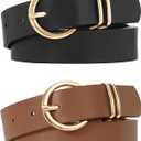 VONMELLI 2 Pack Women's Leather Belts for Jeans Dresses Fashion Gold Buckle Ladies Belt