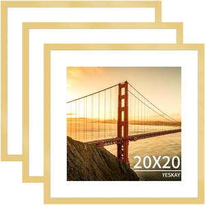 YESKAY 20x20 Picture Frame 3 Pack - Gold Poster Frame Display Pictures 16x16 with Mat or 20 x 20 Without Mat for Wall Hanging Horizontal and Vertical