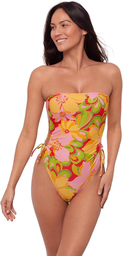 Sports Illustrated Women's Strapless One Piece W/Adjustable Side Cutouts (Large, Super Bloom)