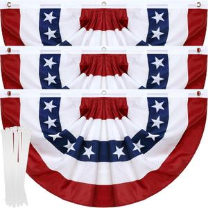 3 Pack American Pleated Fan Flag, 3 X 6 FT American Bunting with Brass Grommets and Zip Ties, Patriotic Half Fan Banner Flag Decor, Memorial Day 4th of July Decoration Outdoor