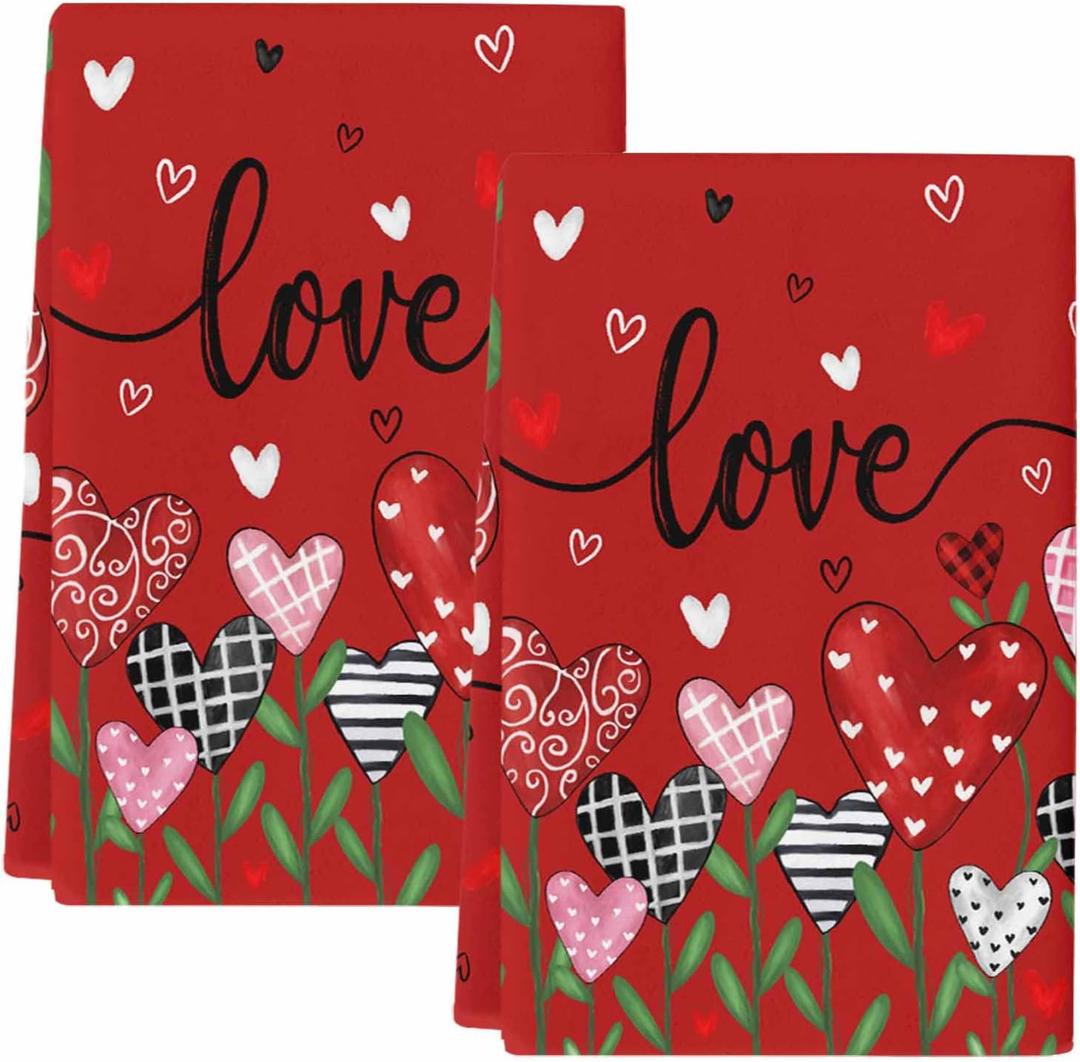 Valentine's Day Red Kitchen Towels Set of 2 Love Heart Flower Hand Towels for Bathroom Absorbent Fast Drying Microfiber Dishtowels Valentines Day Tea Towel for Home Decor