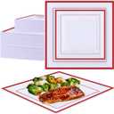 100 Pcs Square Plastic Plates Disposable Dinnerware Set 50 Guests 9.5, 6.5 In Heavy Duty Dinner Plates with Rim Square Plastic Plates for Graduation Wedding Party Events (Red Rim)