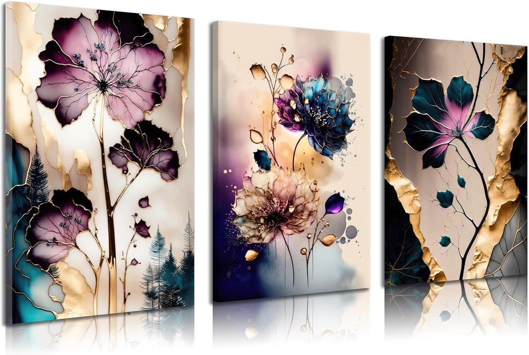 BVVEYKXX Purple Gold Abstract Flowers Canvas Wall Art Elegant Purple Gold Florals Pictures Wall Decor Purple and Gold Posters Prints Artwrok for Living Room Bedroom Hallway Home Decoration 12x16in