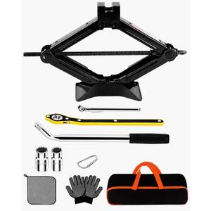 2.0-ton Scissor Jack in Your car's Roadside Emergency kit, Must-Have Spare tire Replacement Stand Tool for Your Vehicle, Telescoping Lug Nut Removal Tool, Ratchet Wrench, Tire Pressure Gauge (2.0T)