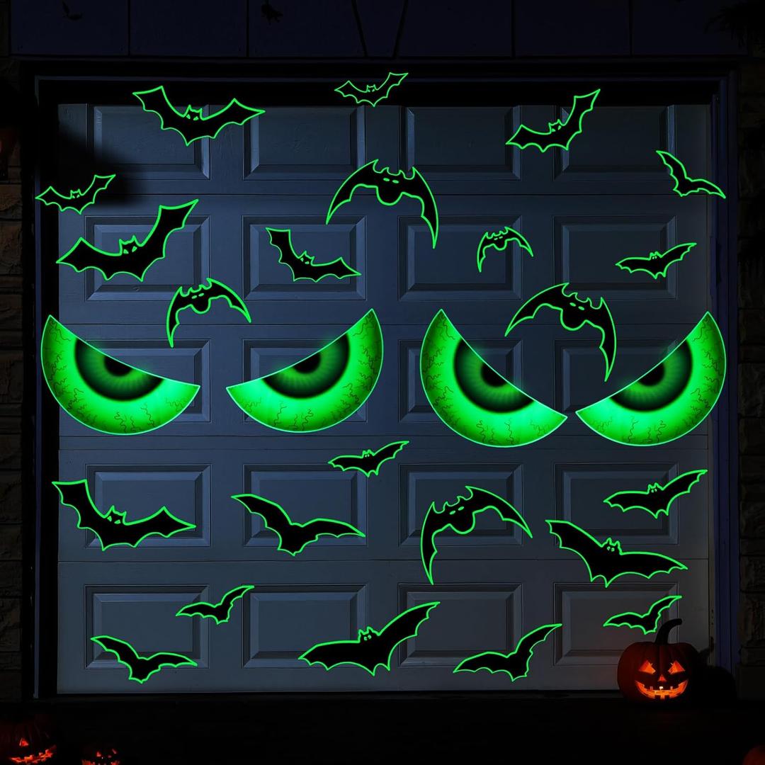 Landhoow 32 Pcs Halloween Garage Door Decorations Magnets Glow in The Dark Large Magnetic Bats and Eyes for Halloween Garage Door Decorations Car Refrigerator Indoor Outdoor