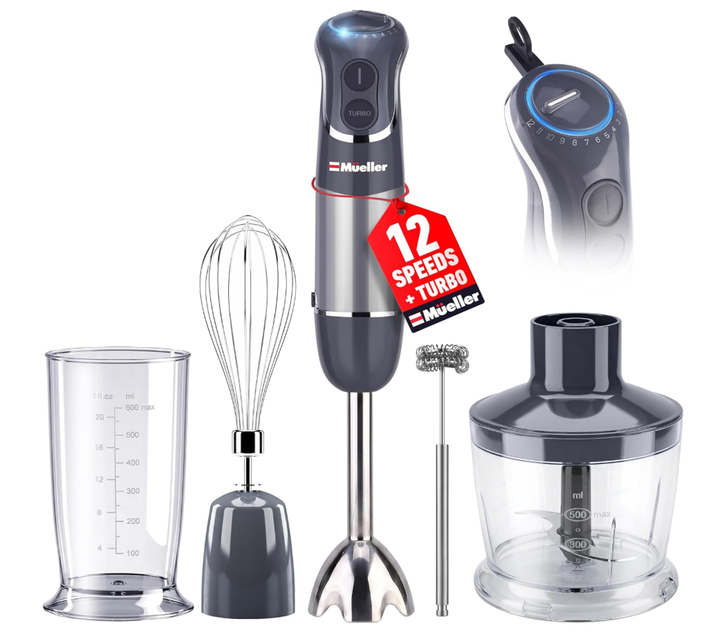 Mueller Multistick 5-in-1 Immersion Blender Handheld,12 Speed Hand Mixer-Turbo Boost,Heaviest Duty Copper Motor,Titanium reinforced Blades Hand Blender,Milk Frother Wand,Whisk,Beaker,Chopper,Grey