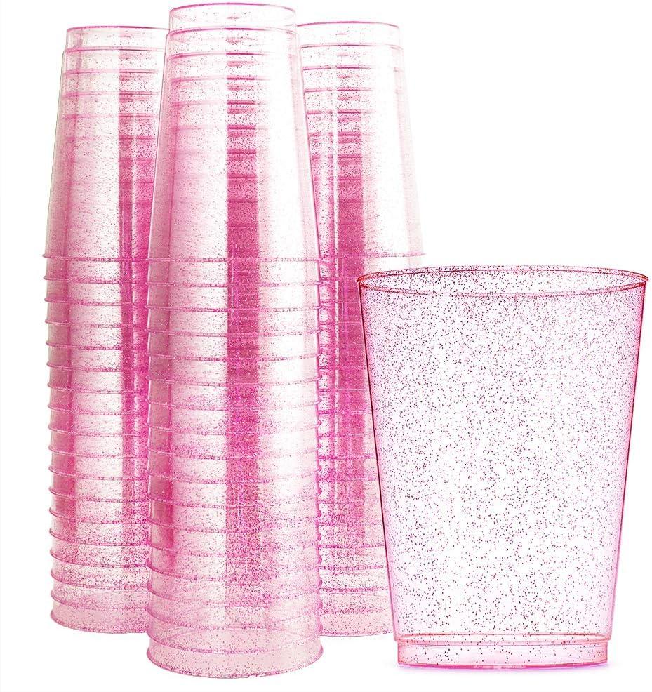 WDF 100pcs 12OZ Rose Gold Cups,Disposable Rose Gold Premium Wedding Glitter Plastic Cups Perfect for Mother's Day/Party