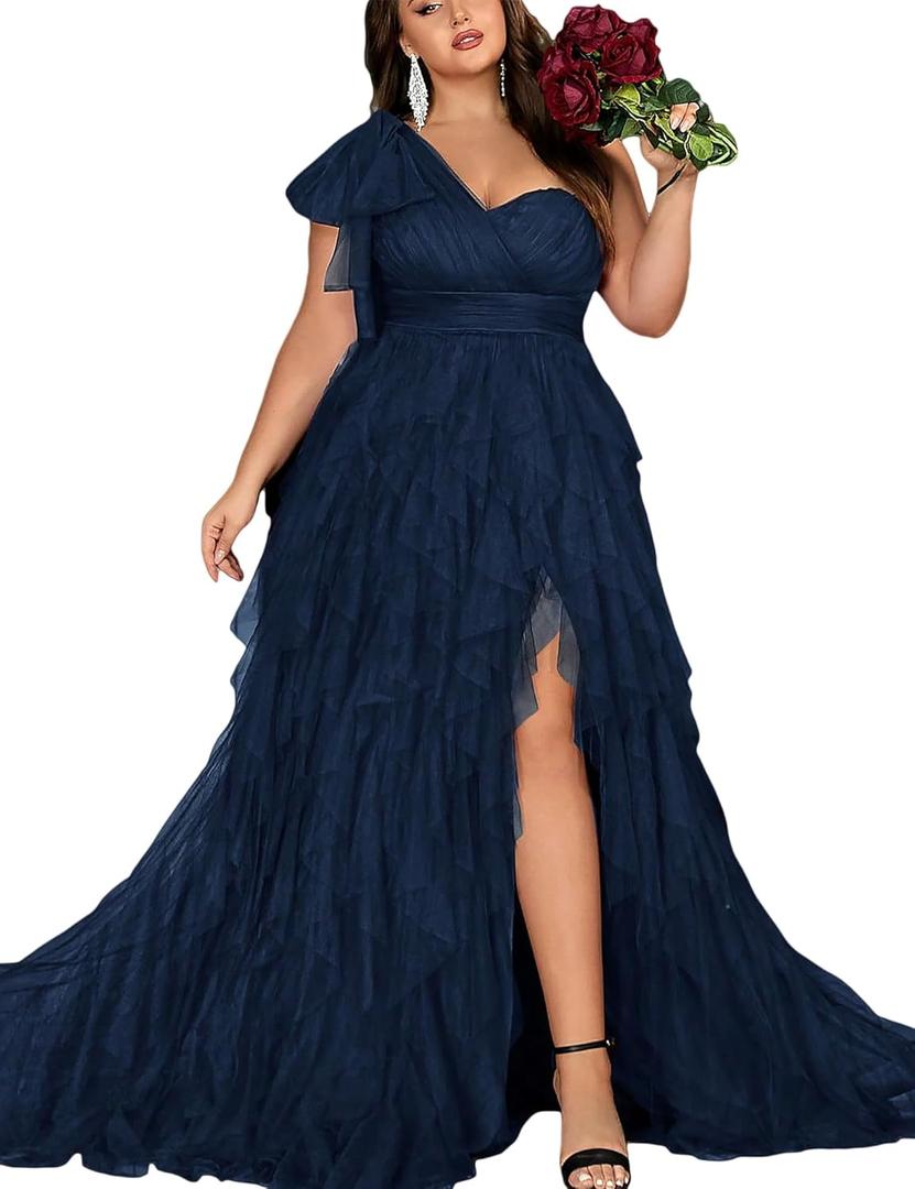 Women's Plus Size Wedding Guest Long Dress One Shoulder Summer Maxi Elegant Evening Party Cocktail Gown for Bridesmaid Prom (XX-Large, #1 Navy Blue)