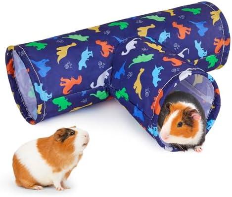 Bienbee Guinea Pig Tunnel, 3 Way Washable Guinea Pig Hideout,Foldable Rabbit Tunnel Guinea Pigs Toys for Bunny Hamster Chinchilla Ferret Rabbit Guinea Pigs Accessories Blue Dinosaurs