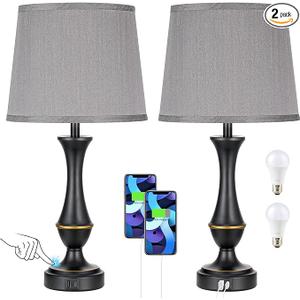 Seealle Upgraded Touch Lamps for Bedrooms Set of 2 - Nightstand Table Lamp with USB C+A, 3 Way Dimmable Lamps for Living Room(Grey)