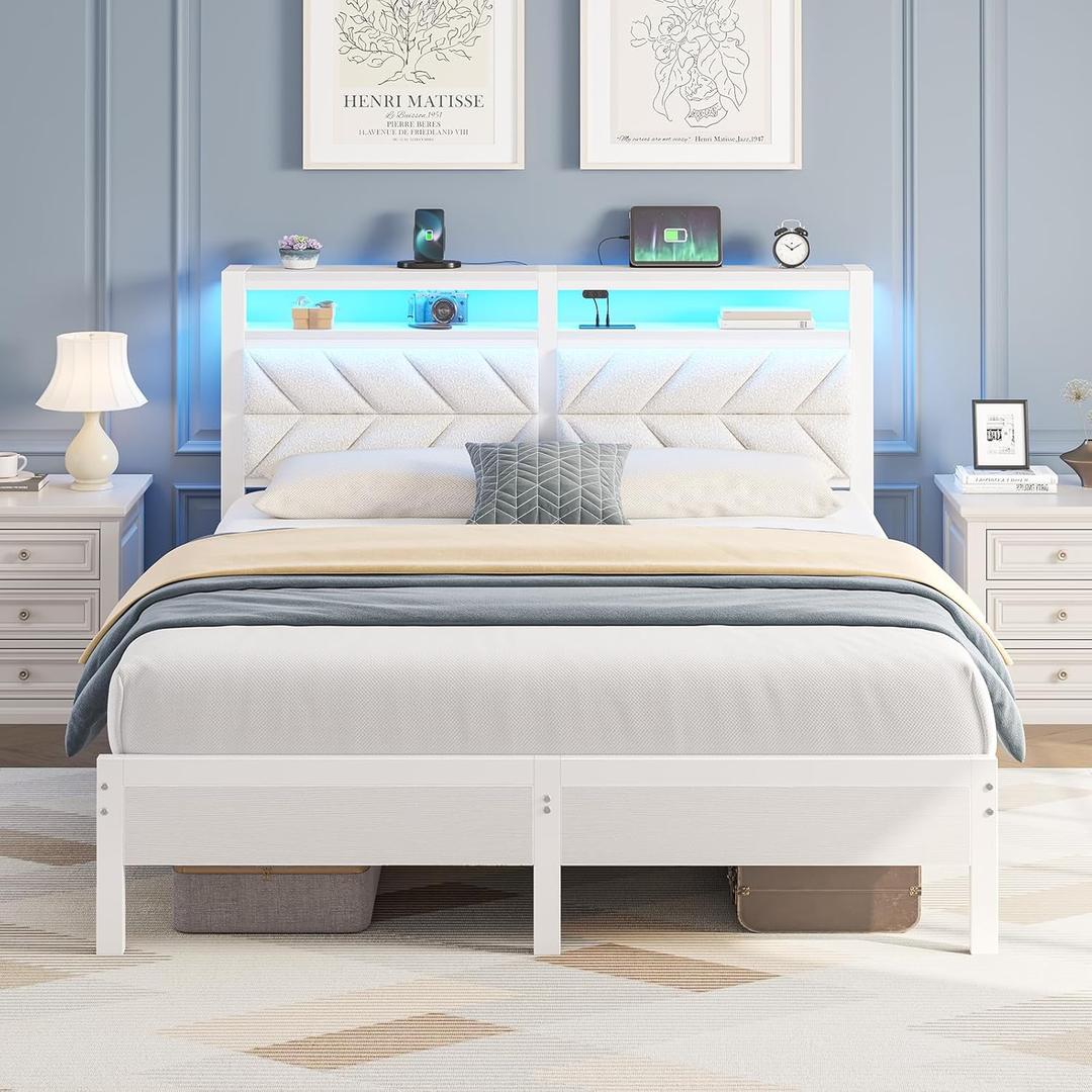 Seventable Bed Frame Queen Size with Charging Station, LED Bed with Upholstered Storage Headboard, Metal Platform Bed with Under Storage, No Box Spring Needed, Noise Free, Easy Assembly, White