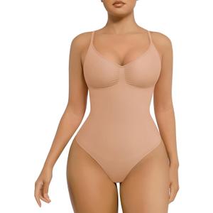 FeelinGirl Shapewear Bodysuit for Women Tummy Control Bodysuits Snatched Waist Body Suit Body Shaper Thong (X-Small-Small, Ash Khaki)