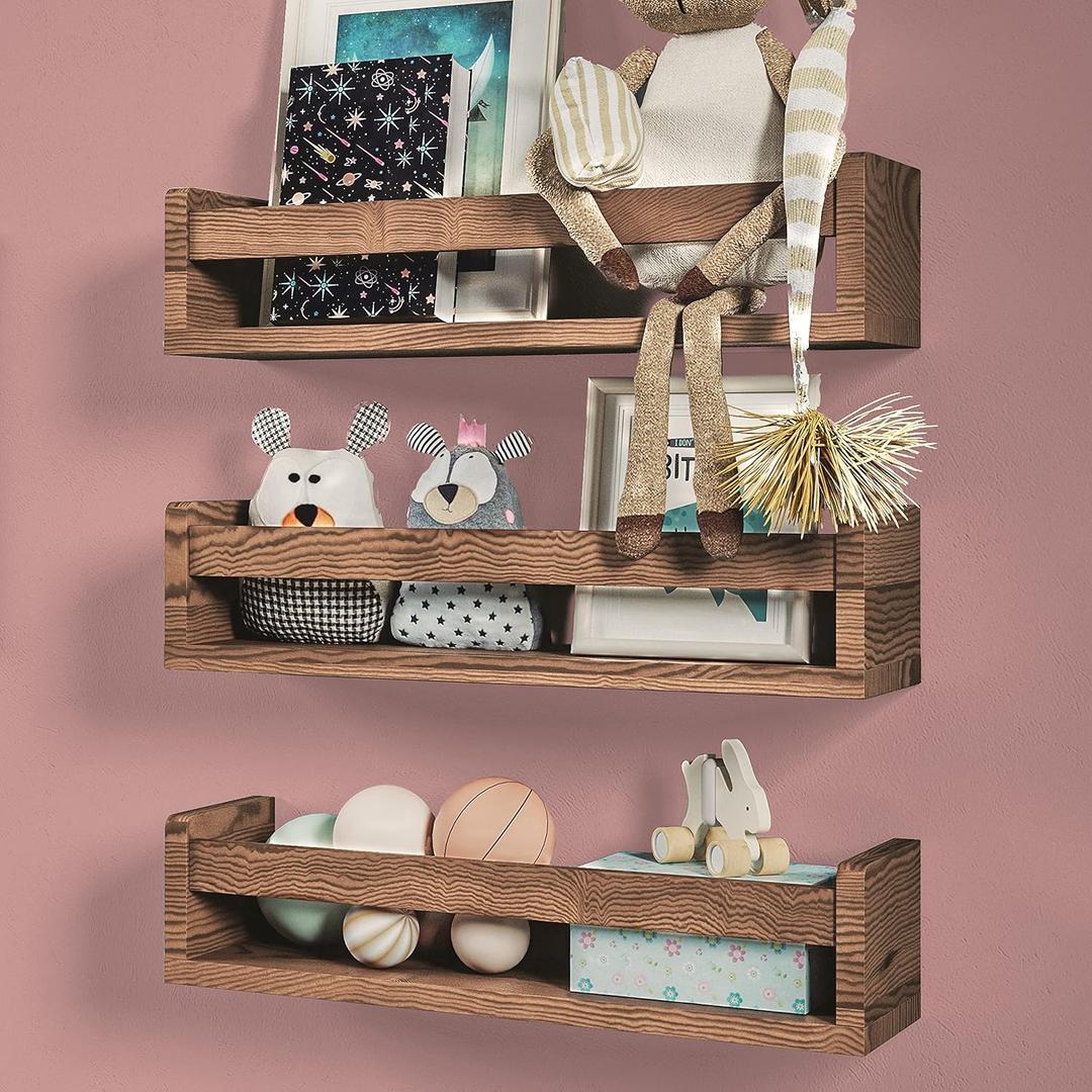 NATURE SUPPLIES Set of 3, 16.4". Nursery Book Shelves, Solid Wood for Books, Toys, Decor, Wall Bookshelf for Kids Bedroom, Floating Shelf, Stylish and Functional Storage Solution, Brown