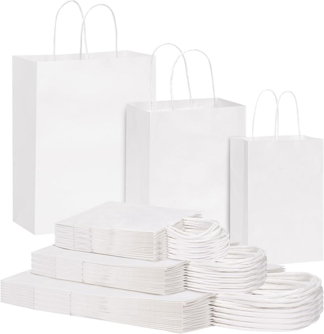 OUTUXED 120pcs Paper Bags with Handles Assorted Sizes Kraft White Paper Gift Bags Bulk 3 Mixed Sizes for Retail, Party, Birthday, Gift, Shopping, Business, Merchandise