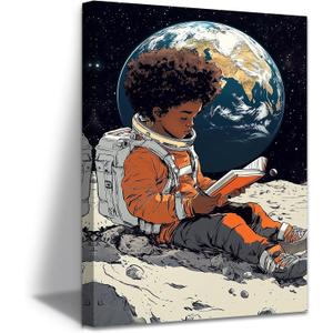 ZXHYWYM Astronaut Canvas Wall Art African American Children Painting African Black Boy Canvas Prints Space Pictures for Nursery Kids Room Decor Framed (24.00" x 36.00")