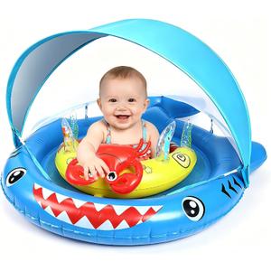 Baby Pool Float with Canopy for 6-36 Months - UPF 50+ Sun Shade Pool Float, Non-Flip Safety Seat with Toy Console, Adjustable Infant Swim Ring for Boys Girls