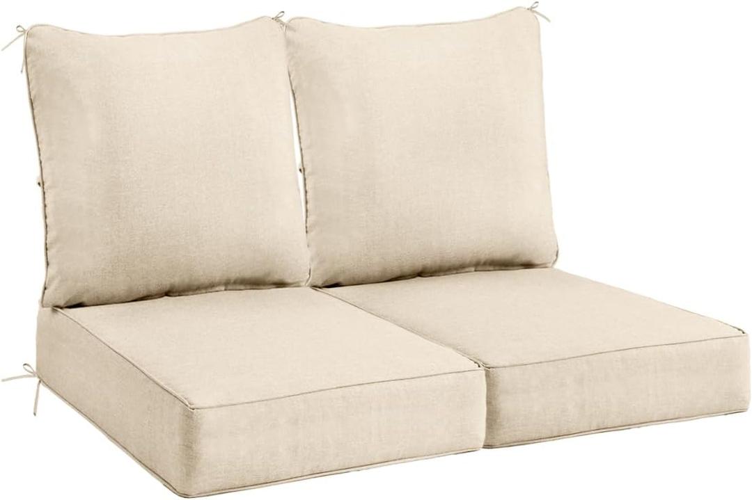 Sundale Outdoor Olefin Deep Seat Cushion Set of 2, Patio Chair Cushion and Pillow, Water-Resistant Sectional Sofa Pad with Straps Beige, 23 x 26 x 6 Inches