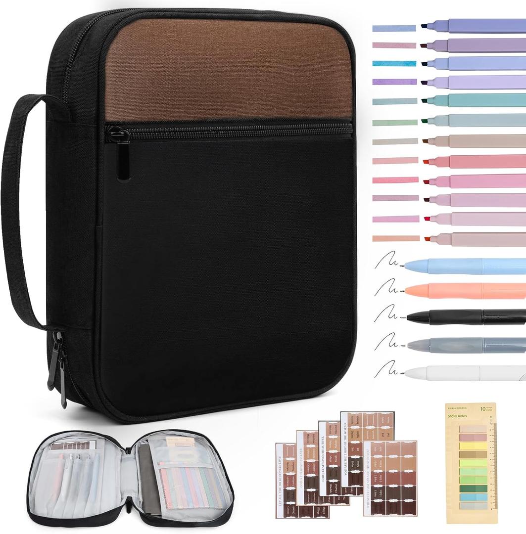 Bible Cover Bible Case for Men Canvas Carrying Cases Book Protector Case Bible Bag with Durable Handle Study Supplies Accessories Christian Gifts (Brown+Black, Large)