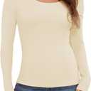 AUHEGN Womens Long Sleeve Scoop Neck Ribbed Knit Fitted Casual Tops Tee Slim Basic Shirts Beige Medium