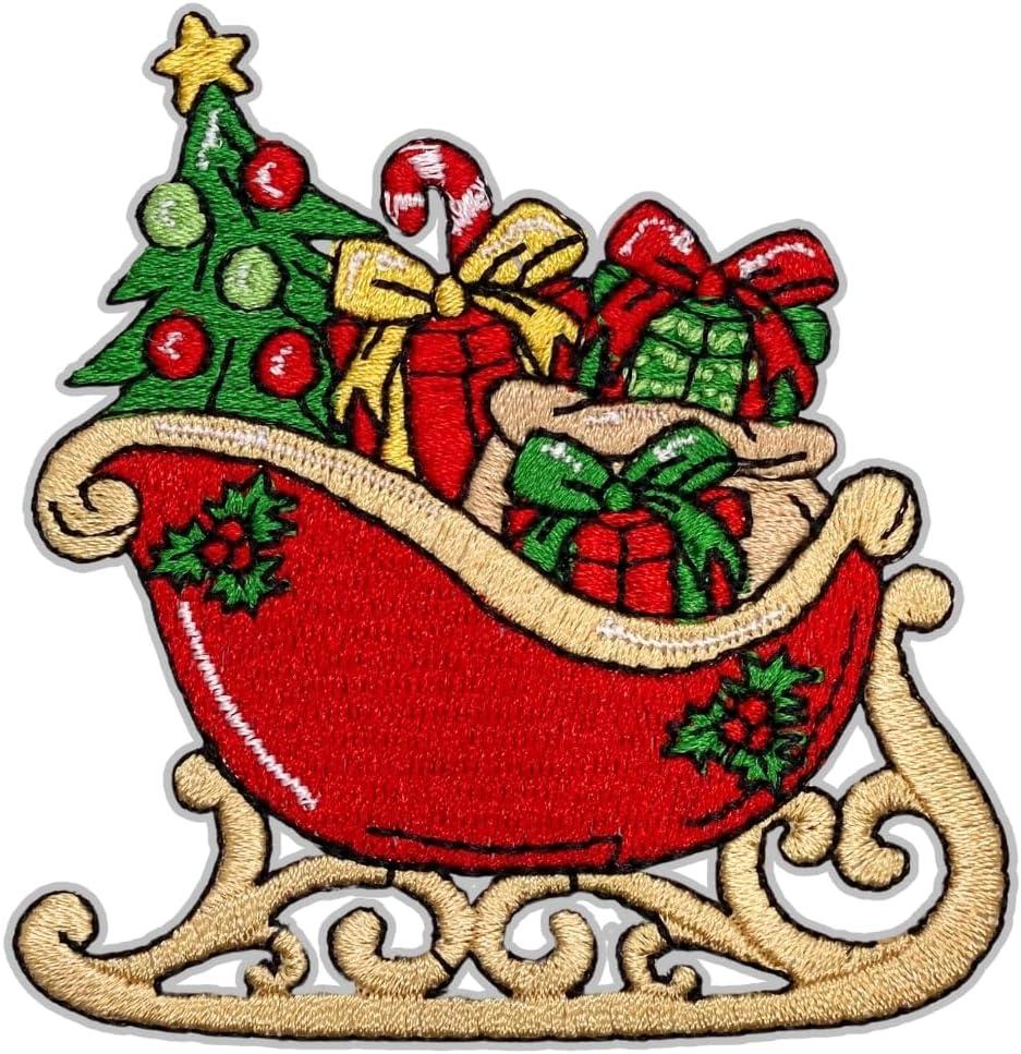 4Pack EMBROBOF Santa Sleigh Patch 3 inches, Joyful Christmas Tree Patch Embroidered Merry Christmas Iron On Patches for Clothes