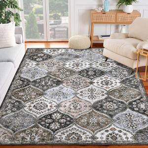 5x7 Area Rug Moroccan Trellis Large Area Rug Machine Washable Rug for Living Room, Non-Slip Stain Resistant Accent Rug Vintage Floral Floor Cover Carpet for Bedroom, Brown/Grey
