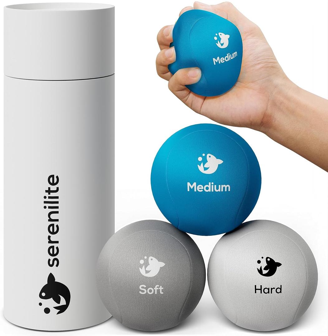 Serenilite 3X Hand Therapy Exercise Stress Ball Bundle for Adults, Grip Strengthening, Tri-Density Squeeze Balls, Hand Grip Strengthener, Soft, Medium & Hard
(Cloud, Sea Breeze, Titanium Set)