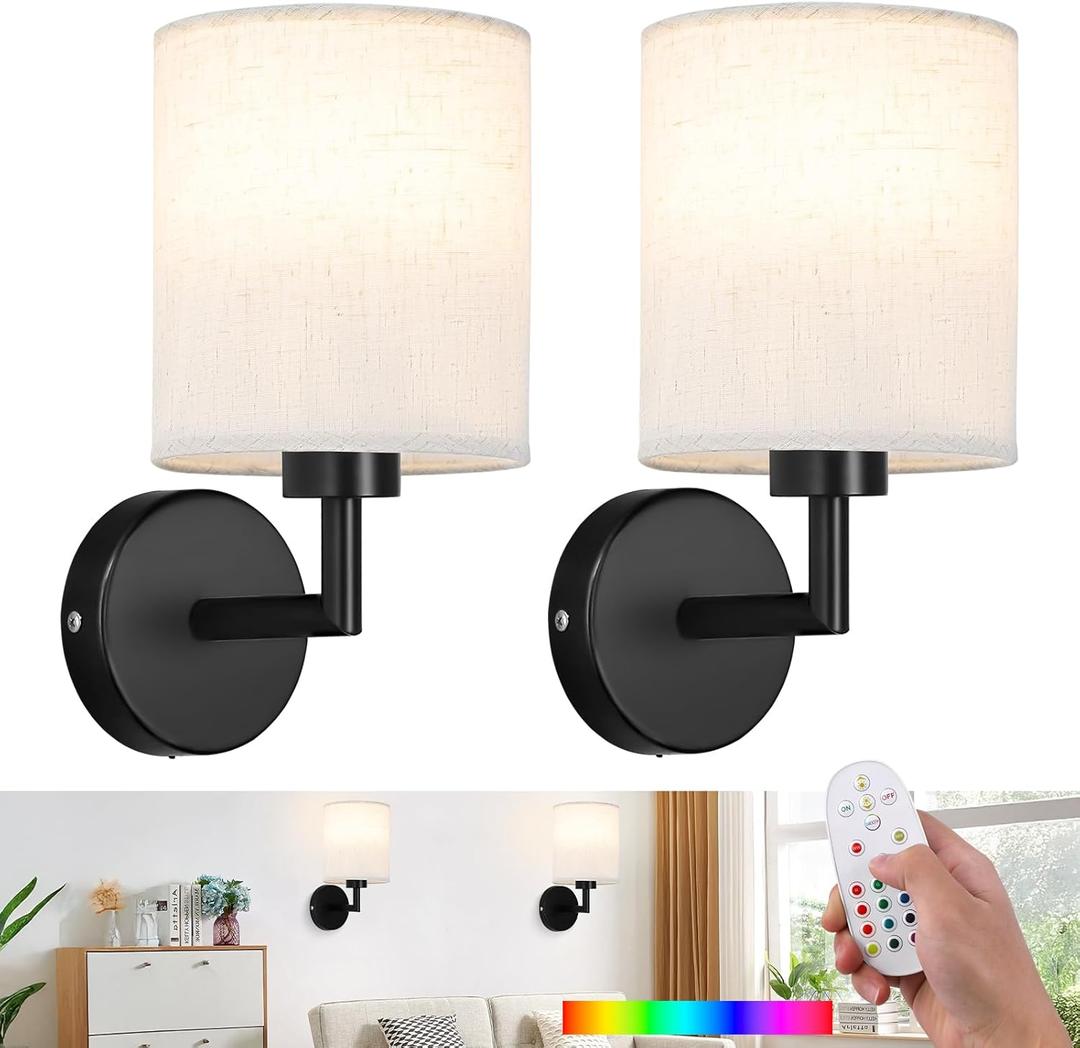Rechargeable Wall Sconce Set of 2,Battery Operated Wall Lights with Remote Control,Wireless Wall Sconces with LED Bulb,15 Colours Dimmable Wall Lamp for Bedroom Living Room Hallway