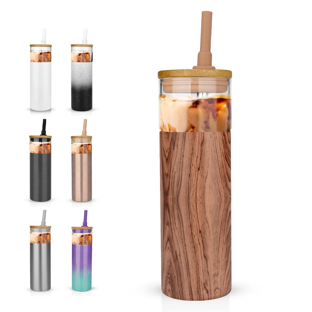 Tronco 20 oz Vacuum Insulated Glass Tumbler with Lid and Straw - Keeps Drinks Cold for 12 Hrs - Reusable Glass Cup for Iced Coffee, Smoothies & Boba - Sweat & BPA Free, Dishwasher Safe, Fit Car Holder, Wood Amber