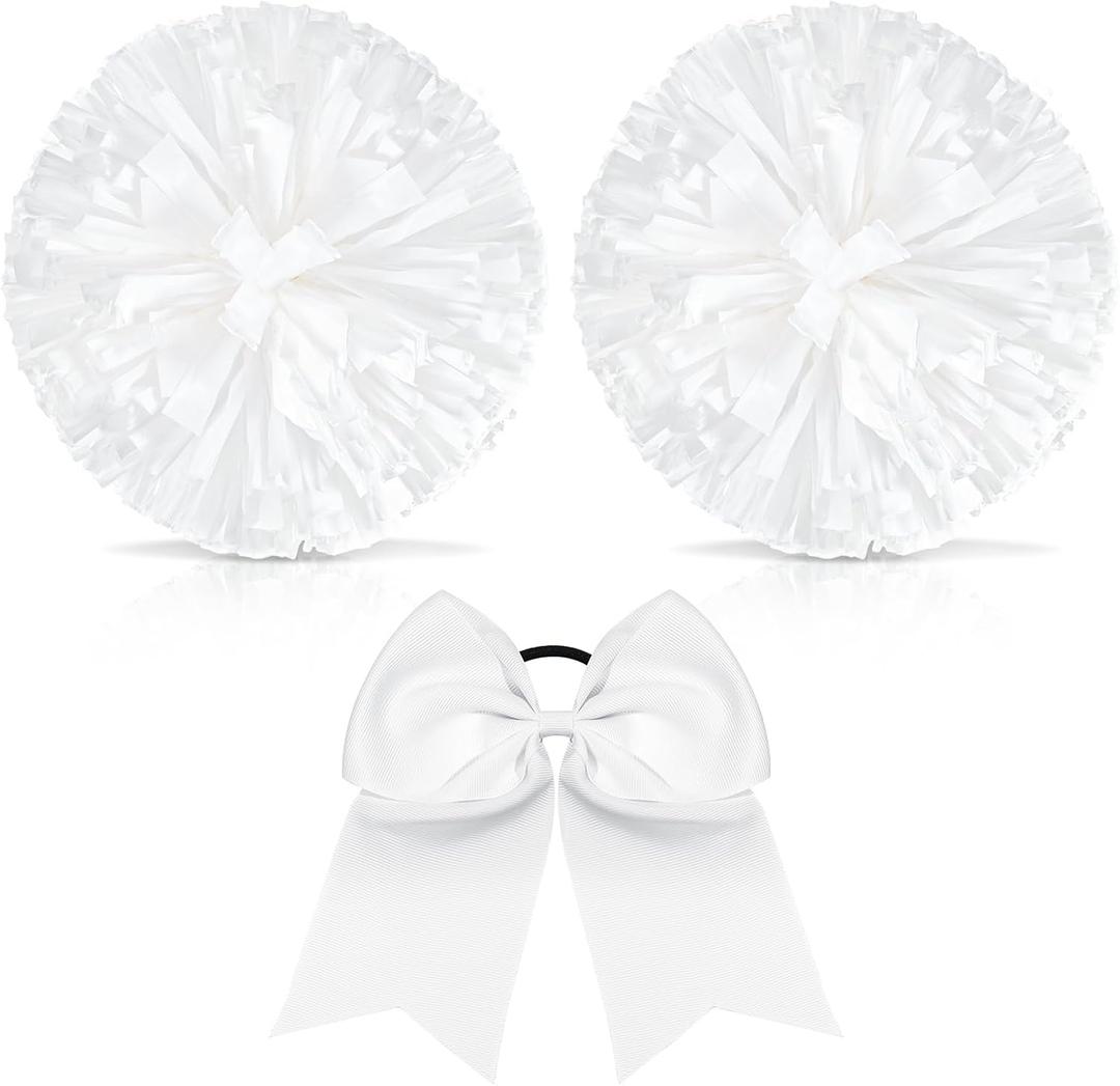 Hanaive 3 Pcs Cheerleading Pom Poms and Large Cheerleader Hair Bow Metallic Cheer Supplies for Team Spirit Sports Dance Cheering
