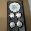 Porcelain Tea Set with Floral Designs, Gold Trim, 12 Pieces (Green 100ml 6 cups 6 plates)
