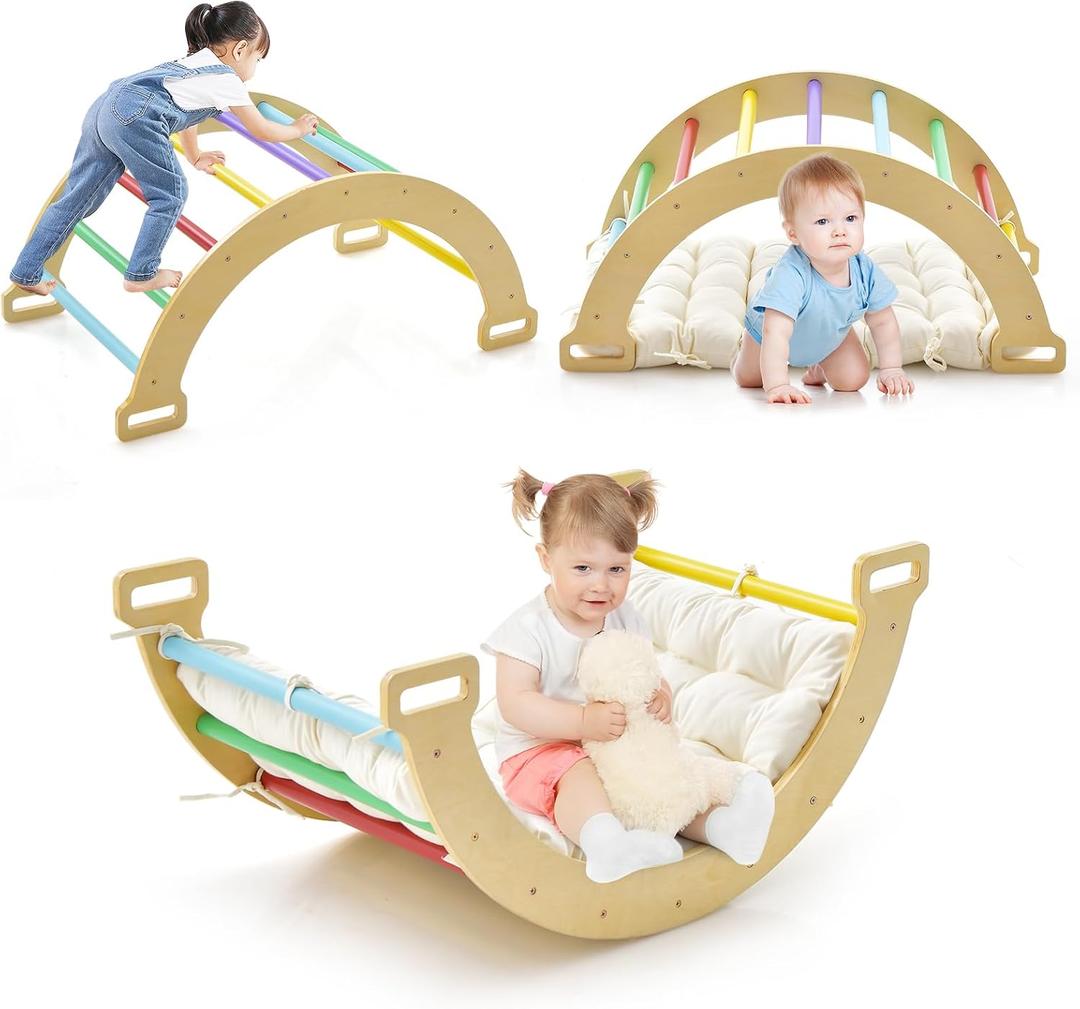 INFANS Wooden Arch Climber Rocker with Soft Cushion, 4 in 1 Montessori Climbing Ladder Toys for Toddlers, Waldorf Indoor Baby Children Ladder Gym Learning Playset Gift for Kids Boys Girls