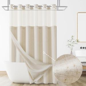 No Hooks Linen Textured Shower Curtain with Snap-in Fabric Liner Set,Beige Hotel Luxury Decor Shower Curtains for Bathroom with See Through Top Window,Water Resistant Fabric,72Wx75W,Cream