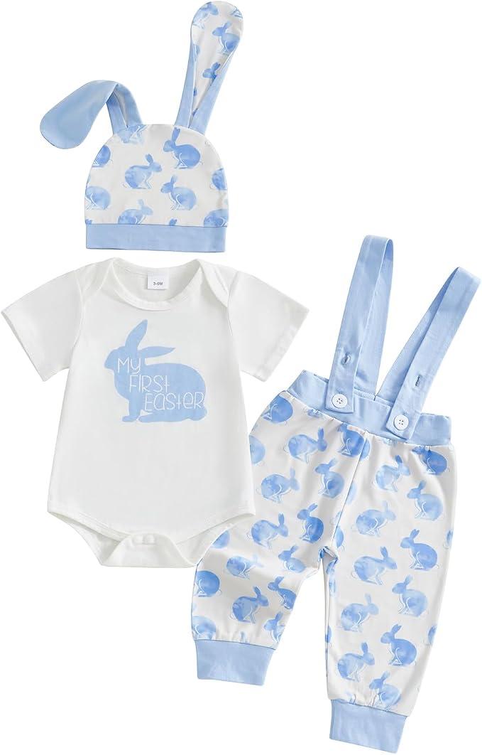 My First Easter Baby Boy Outfit Newbon Bunny Outfits 1st Easter Romper+Overall Pants+Hats 3Pcs (Blue, 9-12 Months)