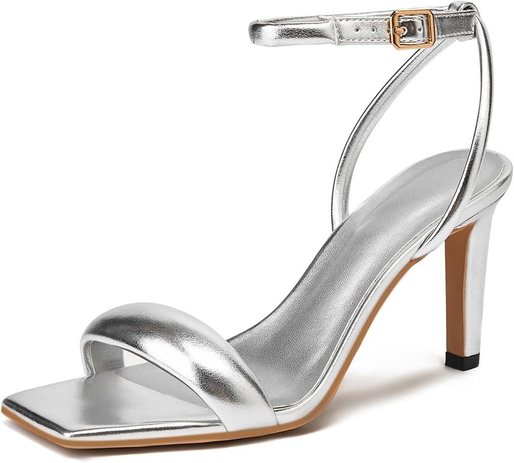 Summer Open Toe Heeled Sandals Block High Heels Sexy Sandals (12, Silver)