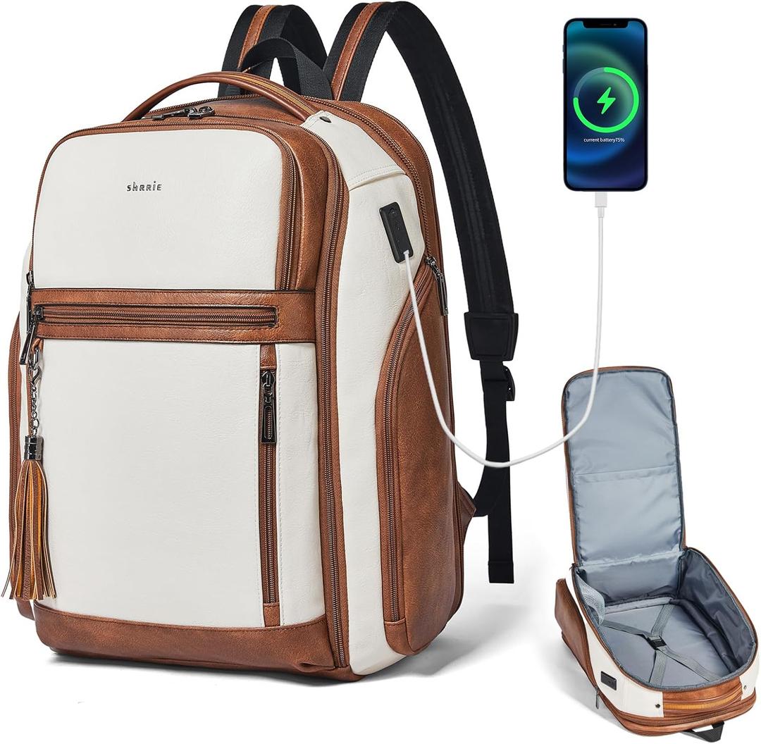 Shrrie Travel Laptop Backpack for Women, 17 Inch Vegan Leather Backpack with USB Charger, Expandable Large Capacity Computer Backpack Purse for Work Business Travel, Beige