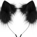 HAOAN Handmade Faux Fur Animal Cat Ears Headband Furry Fox Wolf Hairhoop Headwear Costume Accessory (Black)