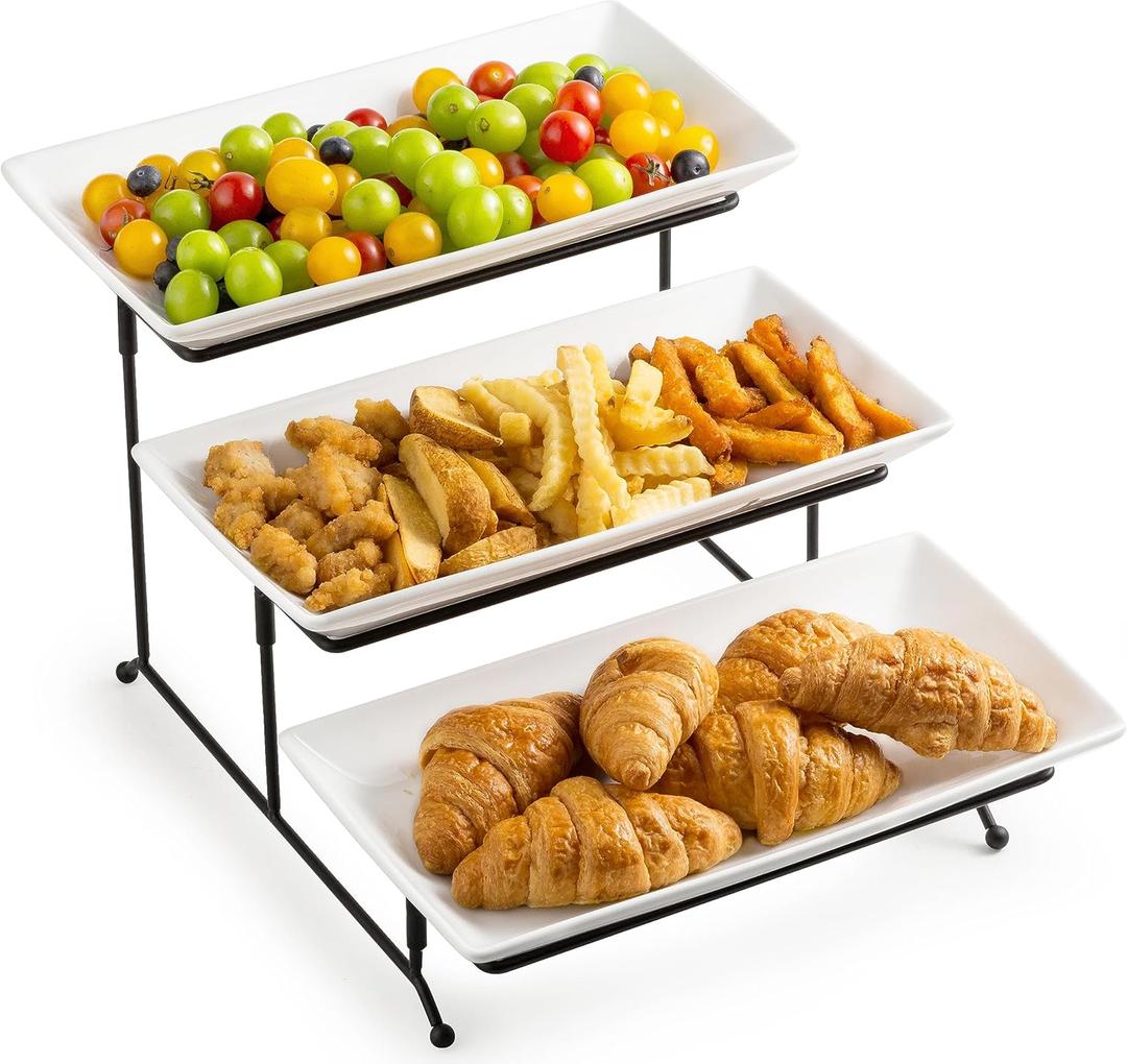LYEOBOH Tiered Serving Stand and Platters Set, Large Tiered Tray Stand, 3 Tier Serving Tray with Collapsible Sturdier Rack, 12 Inches Tier Serving Platter for Party, Display, Dessert, and Cupcake (Black)