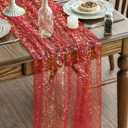 Artoid Mode 3PCS Red Gold Gauze Table Runner 120 Inch 10FT, Glitter Metallic Foil Sheer Dining Wedding Anniversary Holiday Table Decor for Home Party